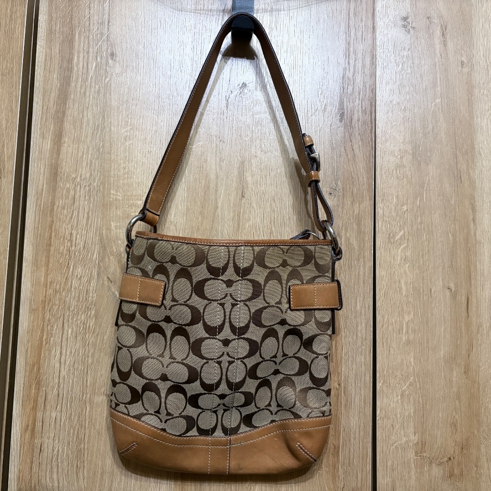 Coach Signature Tan Brown Jacquard Leather Y2K Shoulder Bag Purse with hangtag - Picture 3 of 15